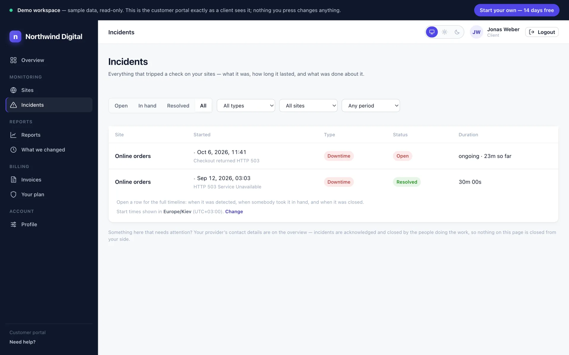 The incident list showing an open outage and a resolved one, each with the site, the reason, the start time and the duration.