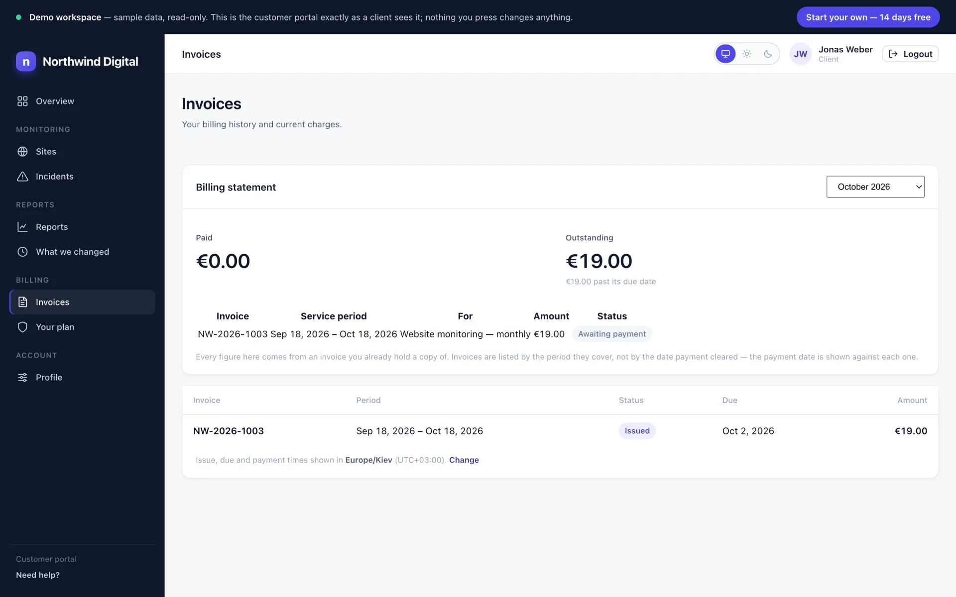 The invoice list with issued and paid rows, the amount of each, the due date, and a link to the document.
