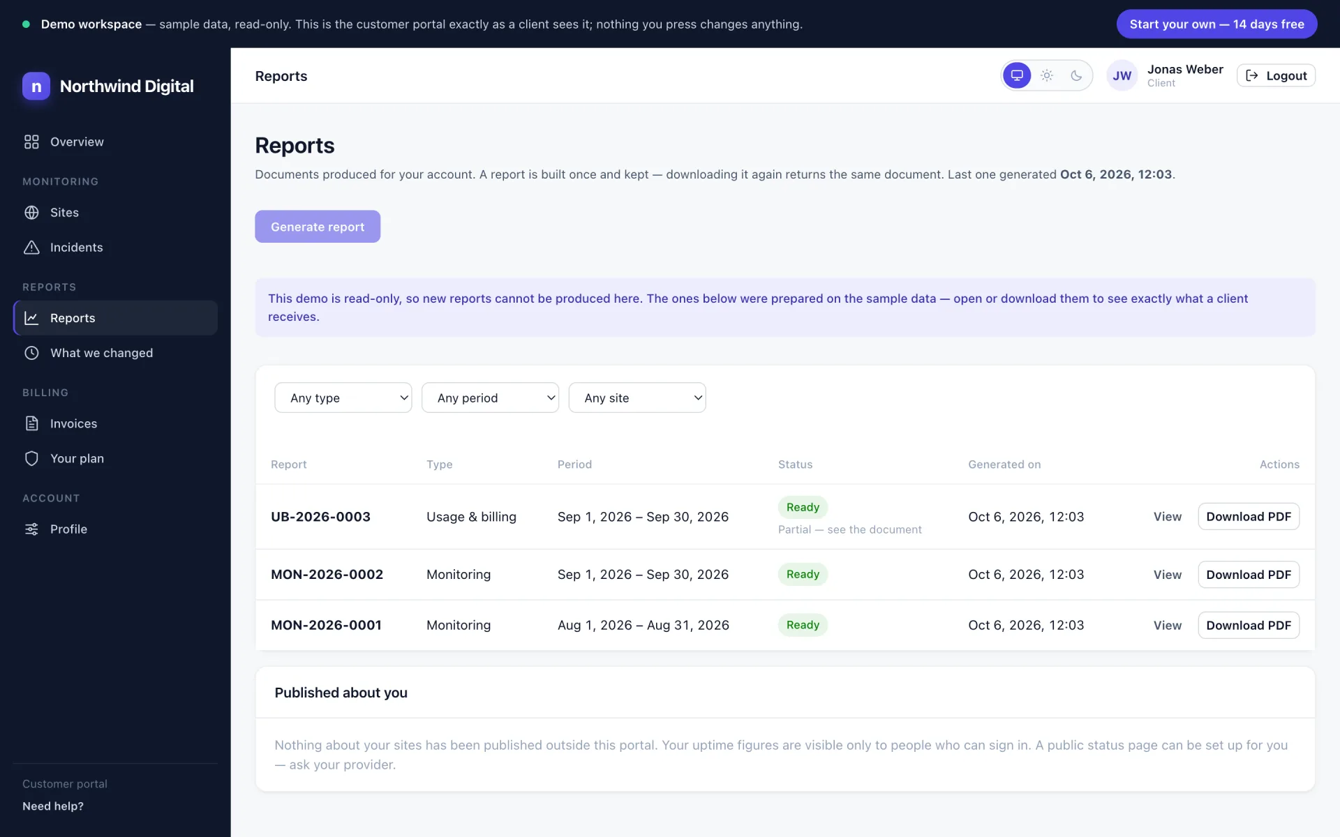 The report history: reference, type, period covered, status, the date it was generated, and buttons to view or download the PDF.